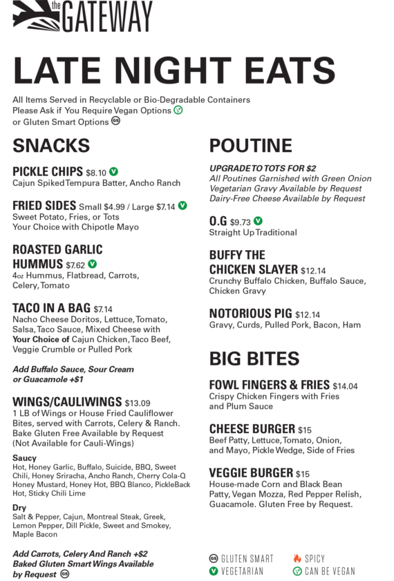 Image of the Gateway's Late Night Food Menu for Concerts and Events only