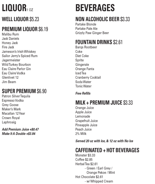 Picture of the Gateway's Late Night Drink Menu Backside