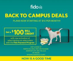 Fido Advertisement: Back to Campus Deals, Get a $100 Bill Credit with the new activation of select devices