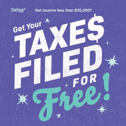 A graphic advertising the Saitsa Tax Program. Headline is 